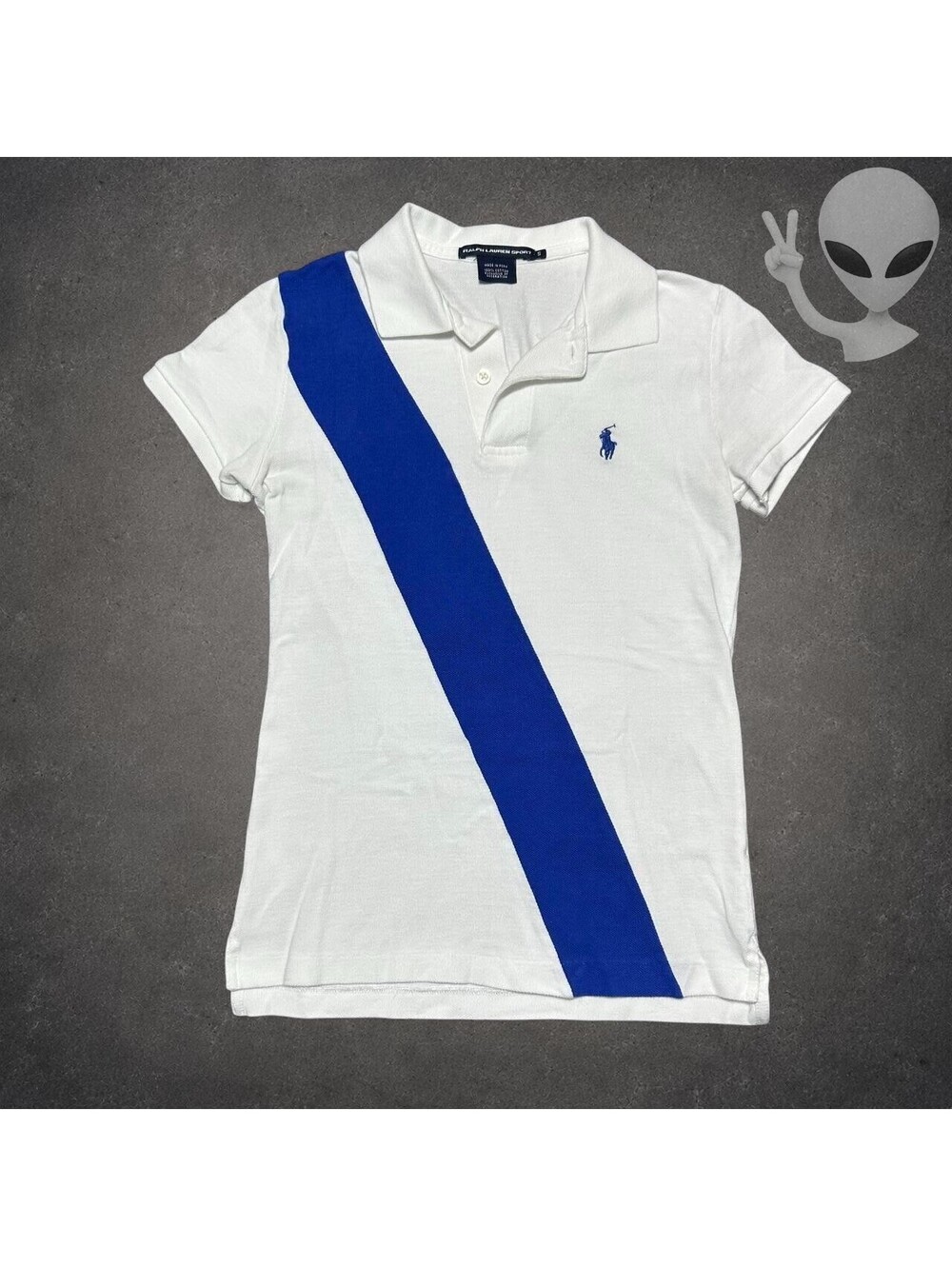 Polo Ralph Lauren Women'S Small White Blue Sash Diagonal Stripe Polo Shirt S